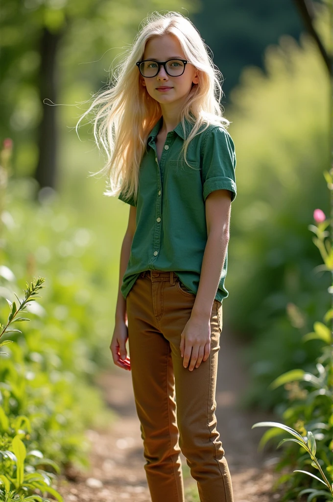 Skinned: White
Hair: blonde
Eye: blue
Face Accessories: glasses
Body: slim
Upper Intimate Part: medium
Hands:soft
Belly: normal
Top Wear: green shirt
Leg Thighs: normal
Lower Intimate Part: small
Feet: medium
Underwear: brown pants
Foot Accessories: Nothing (barefoot)