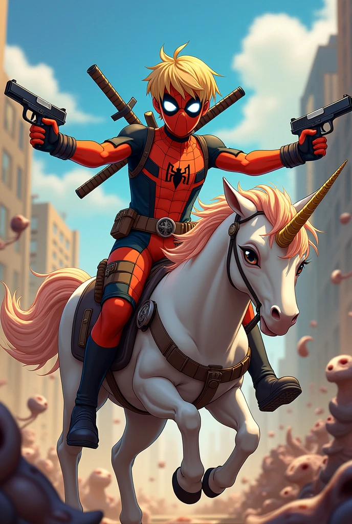 A boy, He is the son of Spider-Man and Deadpool in this universe.. He is wearing a futuristic mask that closely resembles the eyes of Spider-Man's mask.. He has half blonde and half brown hair.. Ele tem pele clara. His superhero costume is a bit of both., i.e., A bit Deadpool and a bit Spider-Man.. apesar de tudo, His clothing is an orange and black color scheme., Except for the gloves that are a good imitation of Wolverine's gloves.. He is holding two Asgardian swords that are releasing electricity on his back.. There are two scabbards and he has a utility belt. He has two more extra pairs of arms on his body that are holding two gold-plated Desert Eagles.. He is riding a bizarre plush unicorn and fighting several monsters.. The image must be in anime.