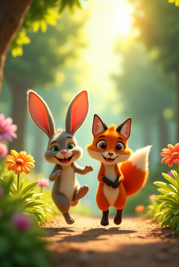 Create a Pixar-style image of a rabbit and a fox