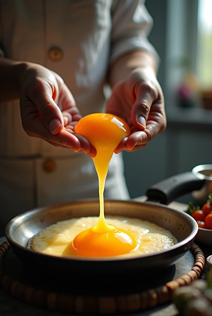 It's hard to get it right. 🙈

a hyper-realistic, ultra-detailed image depicting a surreal scene where two hands are cracking an egg over a frying pan. The egg yolk and egg whites are forming a human-like figure as they flow into the pan. The yolk forms the head and two circular parts in the chest and abdomen, while the egg whites appear as crystal-clear water, gracefully shaping the arms, legs, and fluid contours of the body. The water-like egg whites create a dynamic, flowing appearance, as if the figure is made of liquid. The frying pan is set over a realistic flame, with the light from the fire casting warm reflections on the watery figure and the pan. The background is slightly blurred to focus on the intricate details of the egg yolk, the clear water-like egg whites, and the textures of the cracked egg shells, hands, and pan. The scene combines elements of surrealism with high realism, capturing the 