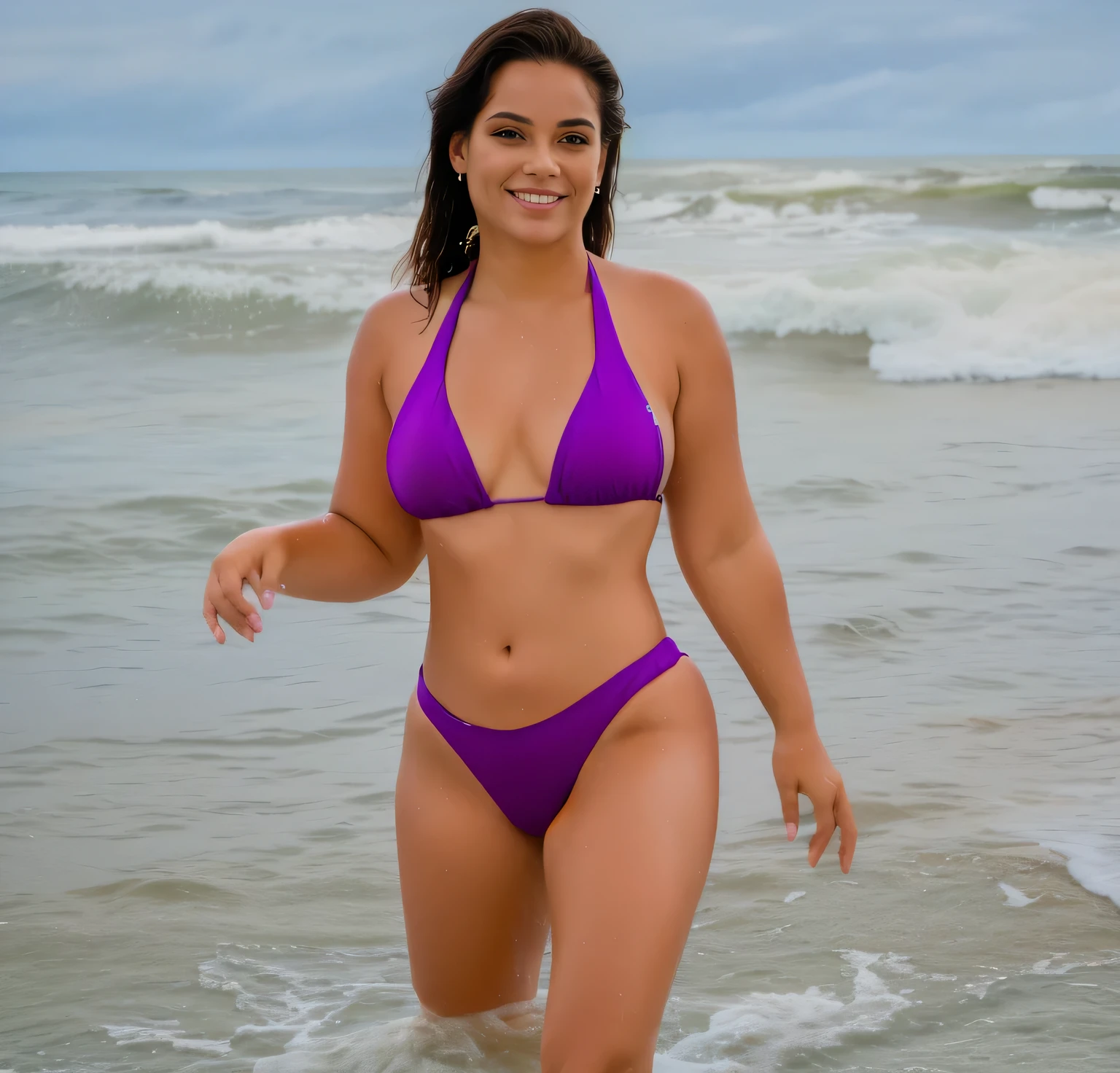 woman in purple bikini walking out of the ocean on a beach, wearing spandex bikini, wearing two - piece swimsuit, is wearing a swimsuit, in bikini, beach pic, in the sea, in the beach, in the ocean, full body shot in bikini, wet swimsuit, swimsuit model, at the sea, at a beach, posing on the beach, in the water