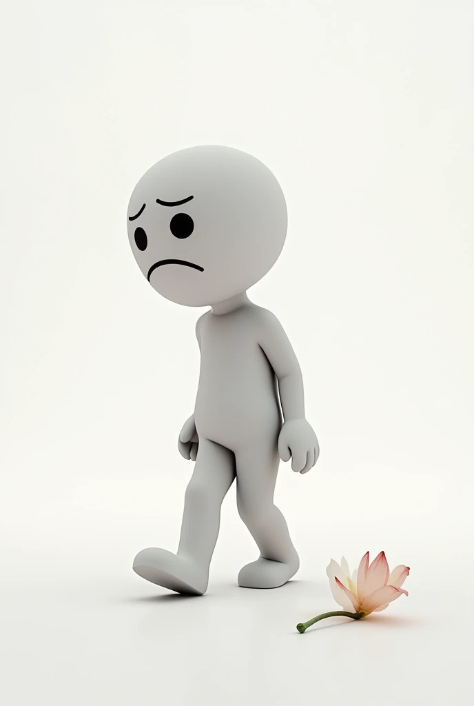 White background with a sad emoji, Grieving, walking backwards towards the background, a flower on the ground in the foreground, as if they had just ended a relationship and left the flower behind