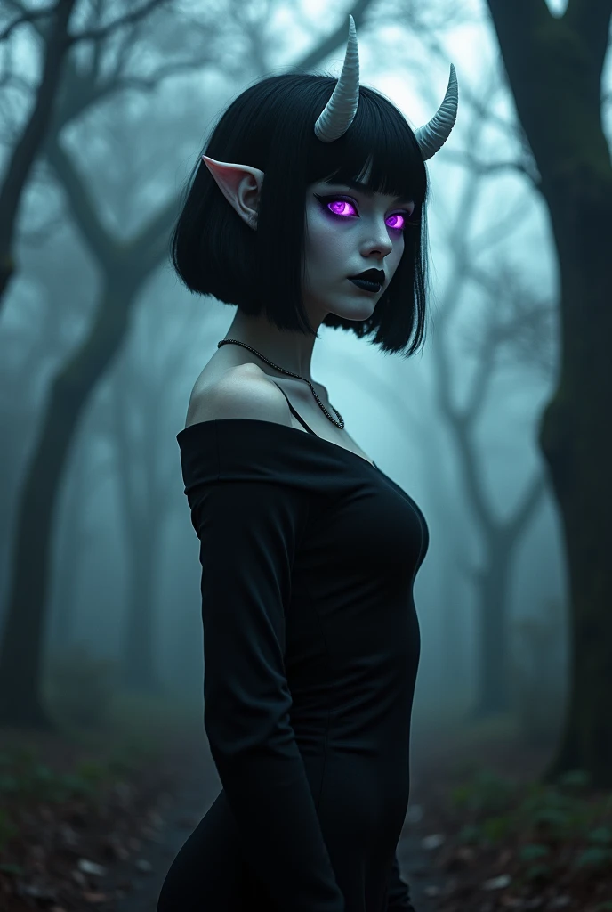 Young and beautiful demon woman, skin as white as paper, glowing purple eyes, black hair in an inverted bob, small white horns, big breasts, pointy ears, wearing a little black dress, black eyeliner. In a haunted forest. Nsfw, perfect face.