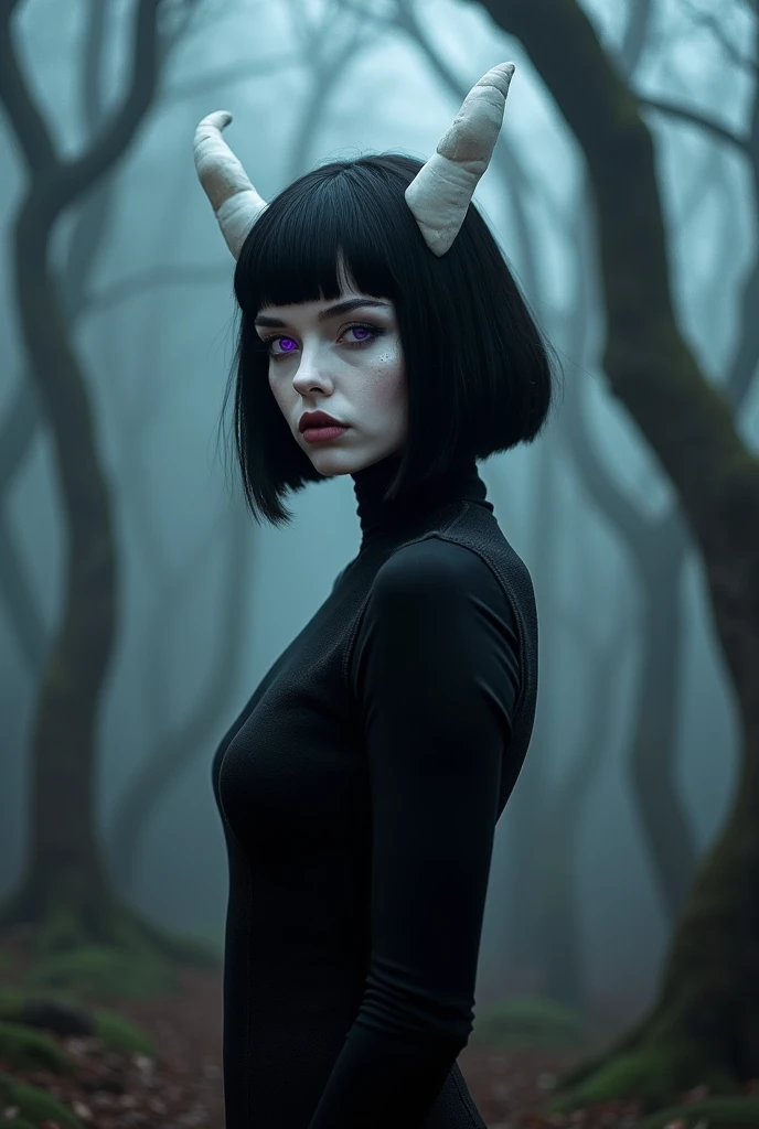 Young and beautiful demon woman, skin as white as paper, glowing purple eyes, black hair in an inverted bob, small white horns, big breasts, pointy ears, wearing a little black dress, black eyeliner. In a haunted forest. Nsfw, perfect face.