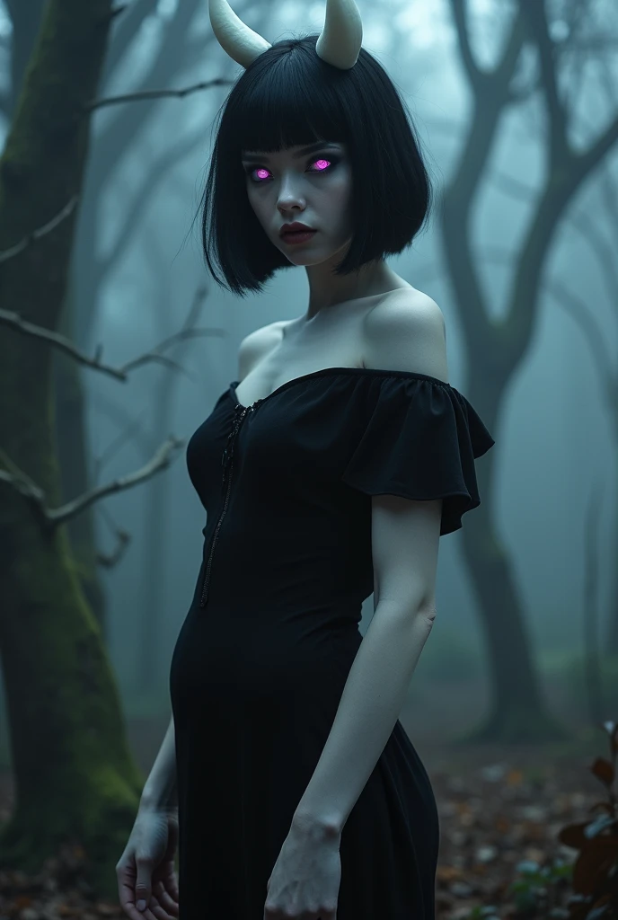 Young and beautiful demon woman, skin as white as paper, glowing purple eyes, black hair in an inverted bob, small white horns, big breasts, pointy ears, wearing a little black dress,  black eyeliner. In a haunted forest. Nsfw, perfect face.