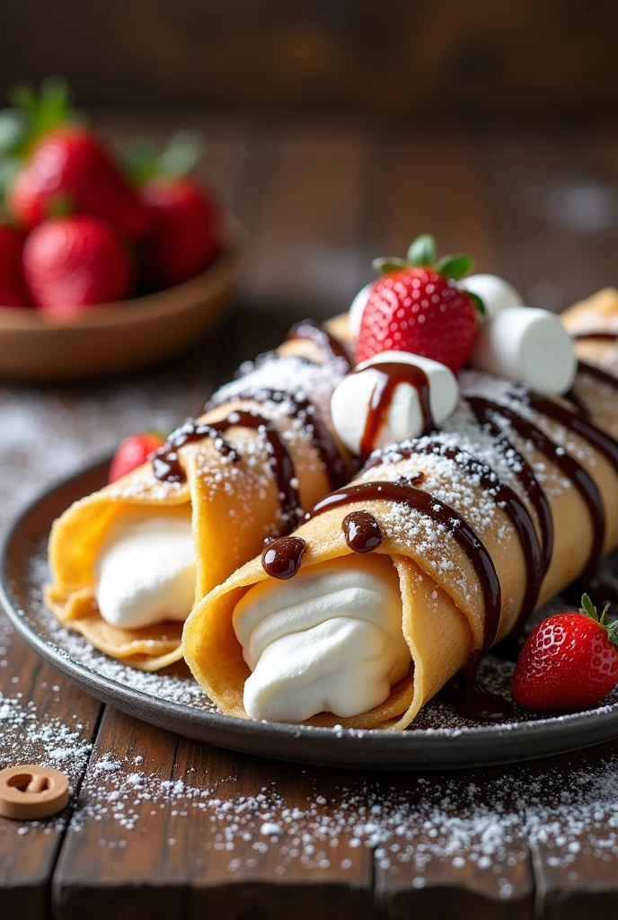 Cream Chantilly and marshmallow crepe. Sweetened condensed milk/ chocolate or arequipe sauce.