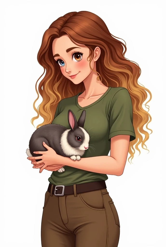 Illustration 2D sur fond blanc. Lapin nain tricolore écaille de tortue, poils de la tête plus longs, très petites oreilles, yeux vairon bleu et marron, tête blanche.
Il est dans les bras d'une femme, cheveux longs bouclés châtain avec dégradé blond, yeux noisettes, t-shirt vert militaire et pantalon d’équitation marron