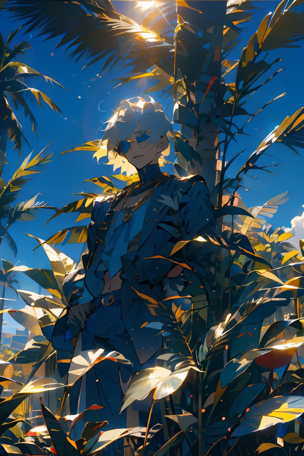 Beautiful young man,Silver Hair,short hair,blue eyes,Yellow Lens Sunglasses,Blue slacks,Sailor collar,Resort,Blue sky,Blinking Light,summer,Marine Style,navel,Tropical plants,Gold Accessories,Sun light