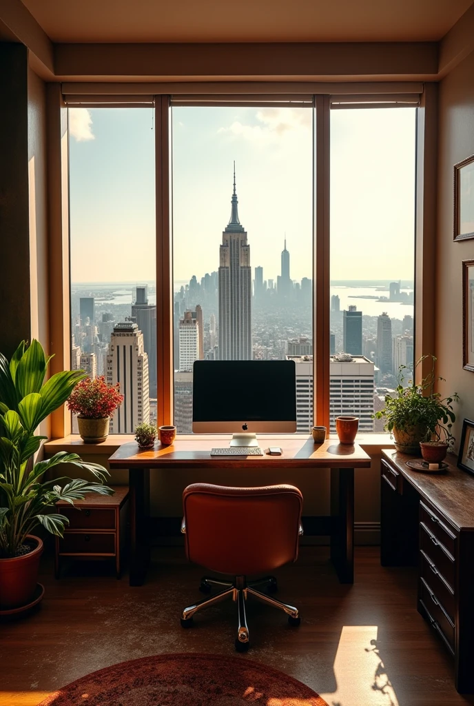 Create me a really cool office in my penthouse in New York with the iMac on the desk It should be very luxurious, modern and poorly maintained 1/2 flowers at the end and a few more pictures and then a really nice view of the New York skyline at the end even until modern, but otherwise good and it should still look rich