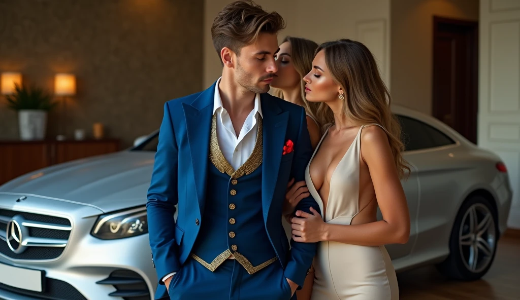 A charismatic young magician, blue formal dress with gold, with jewelry and dollars coming out of his pocket, is standing confidently. Next to you, two stunning women, dressed in sophisticated and minimalist clothes, super sexy both kissing the man's cheek, representing wealth and attraction, showing their entire bodies down to their high heeled feet. Ao fundo, a high-end silver MERCEDES BENS car, like a Porsche are featured, highlighting a life of wealth and luxury. The scene captures the essence of magical opulence and financial success., with each element emphasizing ultra-royal wealth and prestige, money, wealth, might, dollars, gold