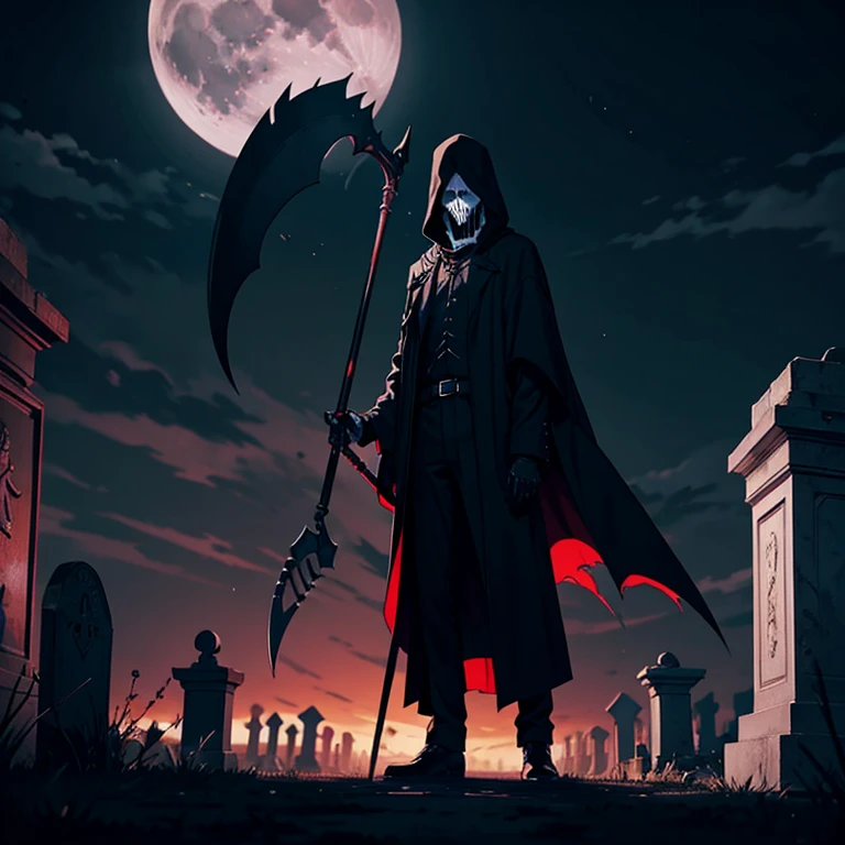 Make death man, skeletal, with a scythe behind him, with the clothes of death, in the cemetery environment at night and the moon is red 