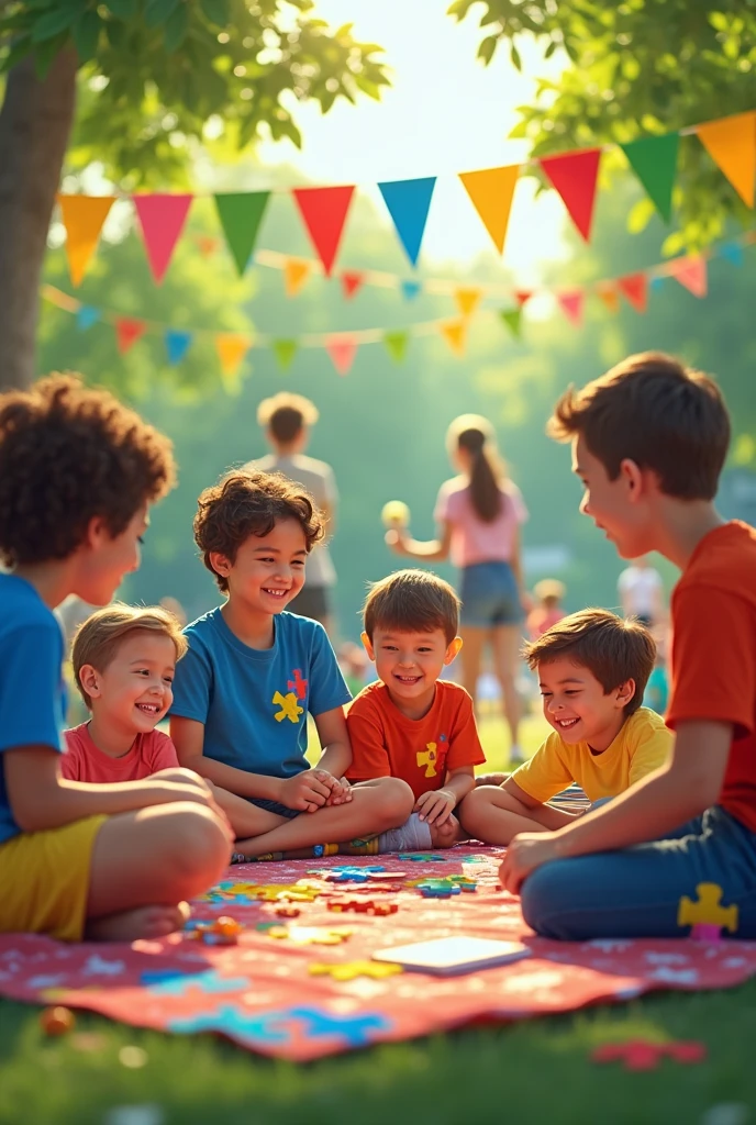 Create a very colorful image with autism colors about social inclusion focusing on autism with many people