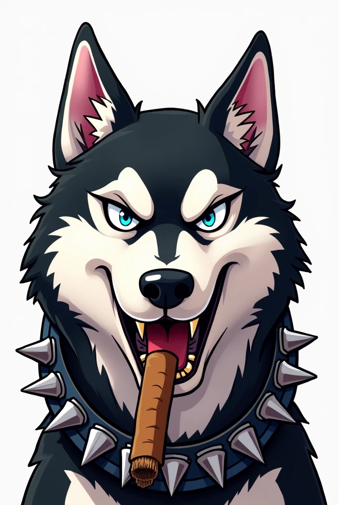 me high resolution, siberian husky, dog face, with teeth on a collar, ears up, teeth visible, cigar in mouth, angry, black and white,cartoon,