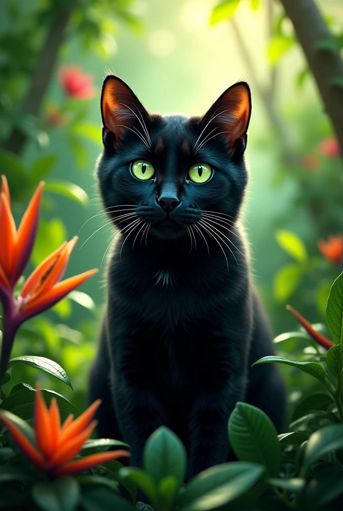 A black cat with green eyes and a bit of blue in the center of the eye, the cat is in the jungle and the image looks very realistic as if it were a photo.
