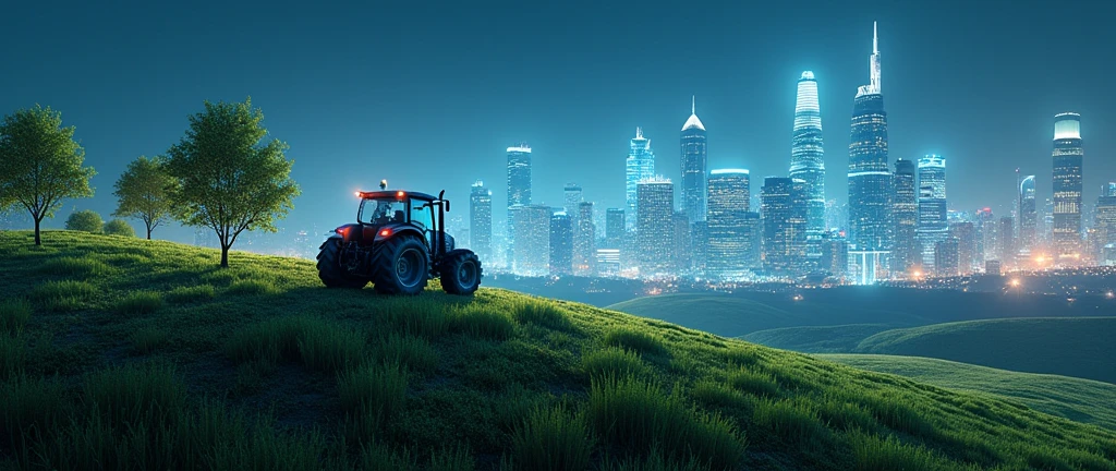 A futuristic landscape that combines technology and agriculture. On the sides of the image, a modern tractor stands on a hill covered with dense, green trees. Ao fundo, a modern city with bright skyscrapers extends along the horizon, connected by a visible digital network, with data lines and points of light in the night sky. The image shows a fusion between advanced agriculture and a highly technological urban environment, with a touch of science fiction. Lights and digital connections appear both in the sky and on the ground, creating an environment of innovation and progress.