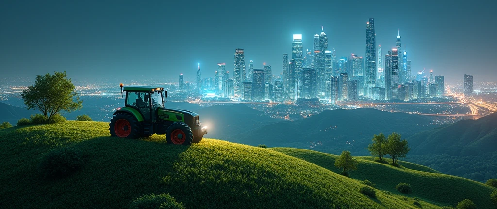 A futuristic landscape that combines technology and agriculture. On the sides of the image, a modern tractor stands on a hill covered with dense, green trees. Ao fundo, a modern city with bright skyscrapers extends along the horizon, connected by a visible digital network, with data lines and points of light in the night sky. The image shows a fusion between advanced agriculture and a highly technological urban environment, with a touch of science fiction. Lights and digital connections appear both in the sky and on the ground, creating an environment of innovation and progress.