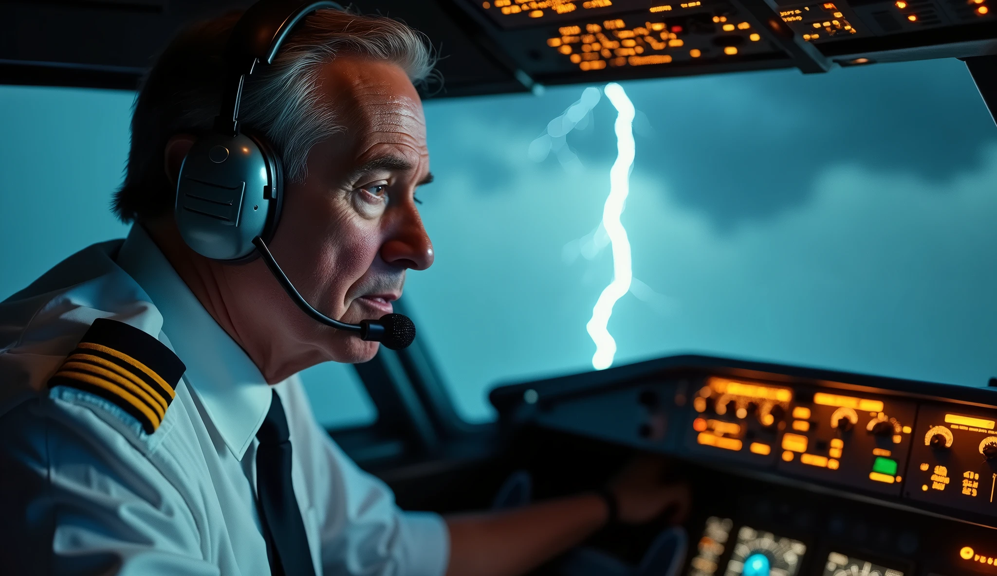 Create an image of 50 year old captain wearing his airline pilot unifrom , wearing his aviation headset and in a bit tensend situation and making a mayday call and also depict the captain's face with a mix of fear and determination as he makes the distress call
