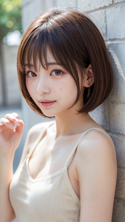 (Bob Cut Hair:1.2),(Wearing a tank top:1.2),1 person,Japanese,21 years old,(Small breasts:1.3),(Highest quality,masterpiece:1.3,Ultra-high resolution,),(Very detailedな,Caustics),(Realistic:1.4,RAW shooting,)Ultra-Realistic Capture,Very detailed,High resolution 16K human skin closeup。 Natural skin texture、,pores、、It needs to be detailed enough to be easily identifiable。 Skin tone is even and healthy looking。 Use natural light and color, Happy expression, Looking into the camera, Perfect dynamic composition, Outdoor、Cleavage、sheer、Earrings、Leaning against the wall、Raise your hand、Armpits、freckles、(Round Glasses)、Tying up hair、amount、Show your forehead