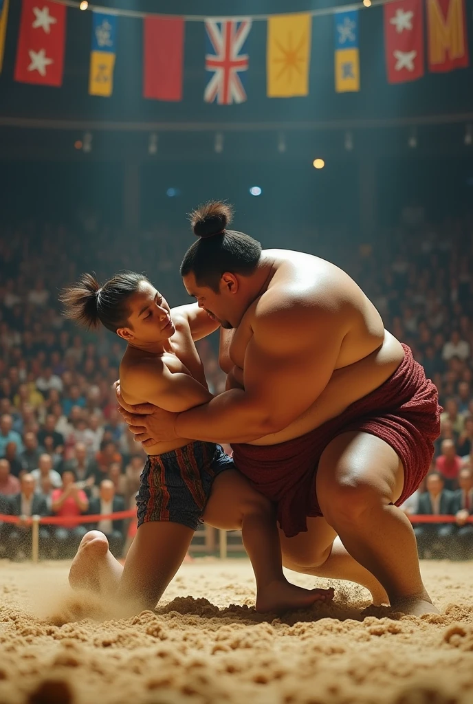 A fight between a fat sumo wrestler and a handsome muscular attractive 30-year old white male gymnast with spiky hair.  The sumo wrestler is seen choke-holding the gymnast. the arena is seen in our background. All faces are facing the camera. 