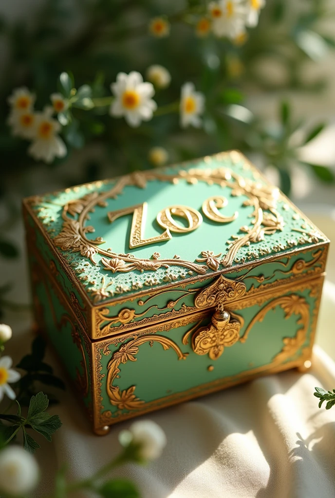 Create a jewelry box in gold and pistachio green with the name ZOE