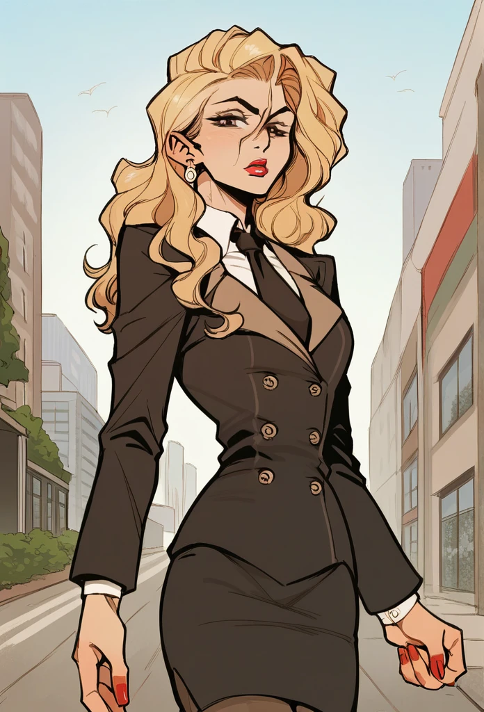 source_anime,  cowboy shot, close-up, 1girl, solo, standing, Madame P, blonde hair, long hair, wavy hair, brown eyes, lipstick, makeup,  skirt suit, three-piece suit, necktie, blazer, waistcoat, double-breasted waistcoat, bodycon pencil skirt, stockings, high heels,earring, red nails, nail polish,
city background, streets, buildings, sky. outdoors, daytime,
 looking at viewer, ecchi, nsfw, uncesored