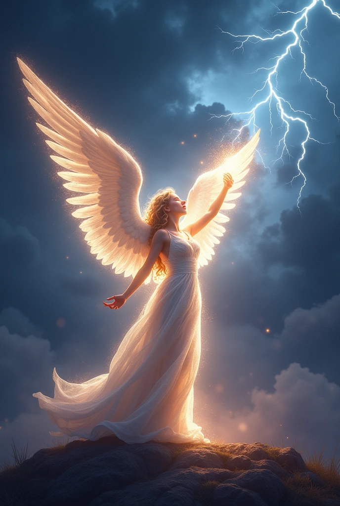 An angel with a trumpet made of light, standing on the horizon, ready to blow the horn as the world turns dark."