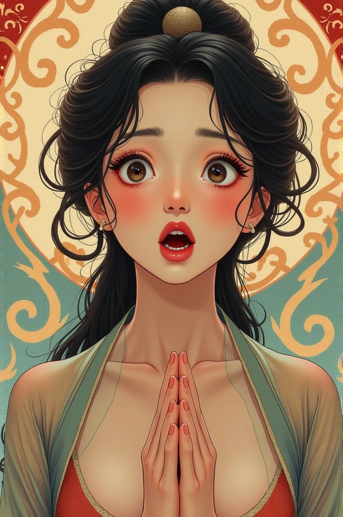 (photorealism:1.4), The illustration of a  Chinese lady with curly hair. She has a surprised expression on her face with her mouth open and her hands clasped together in front of her chest. Her eyes are wide and her eyebrows are furrowed. Her hair is styled in loose curls that are cascading down her back. The overall mood of the image is one of shock or surprise.  by Greg Rutkowski, by Alphonse Mucha