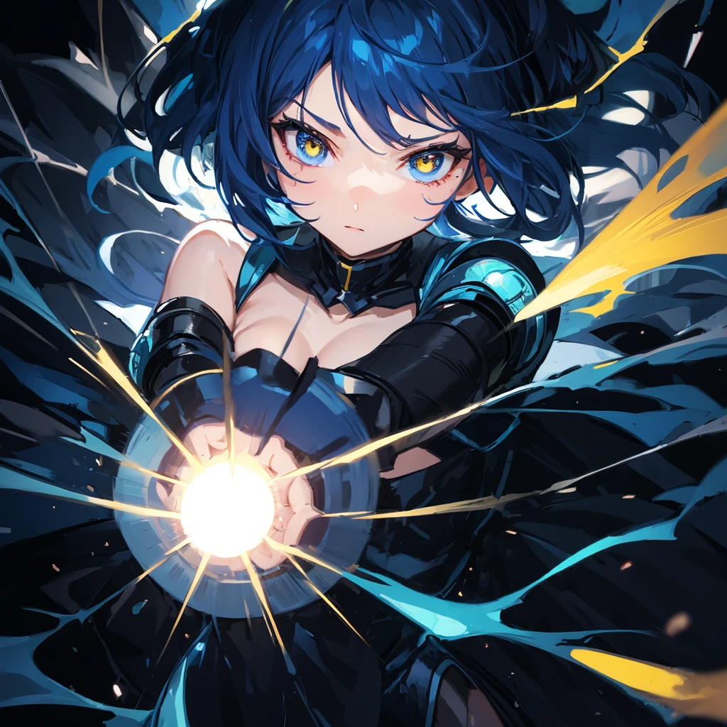 Dark blue hair, yellow eyes, pretty girl, aura, bool fire blue hair