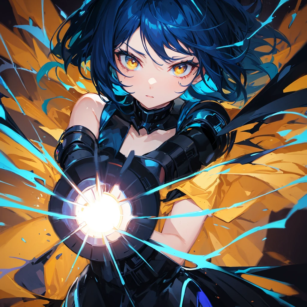 Dark blue hair, yellow eyes, pretty girl, aura, bool fire blue hair