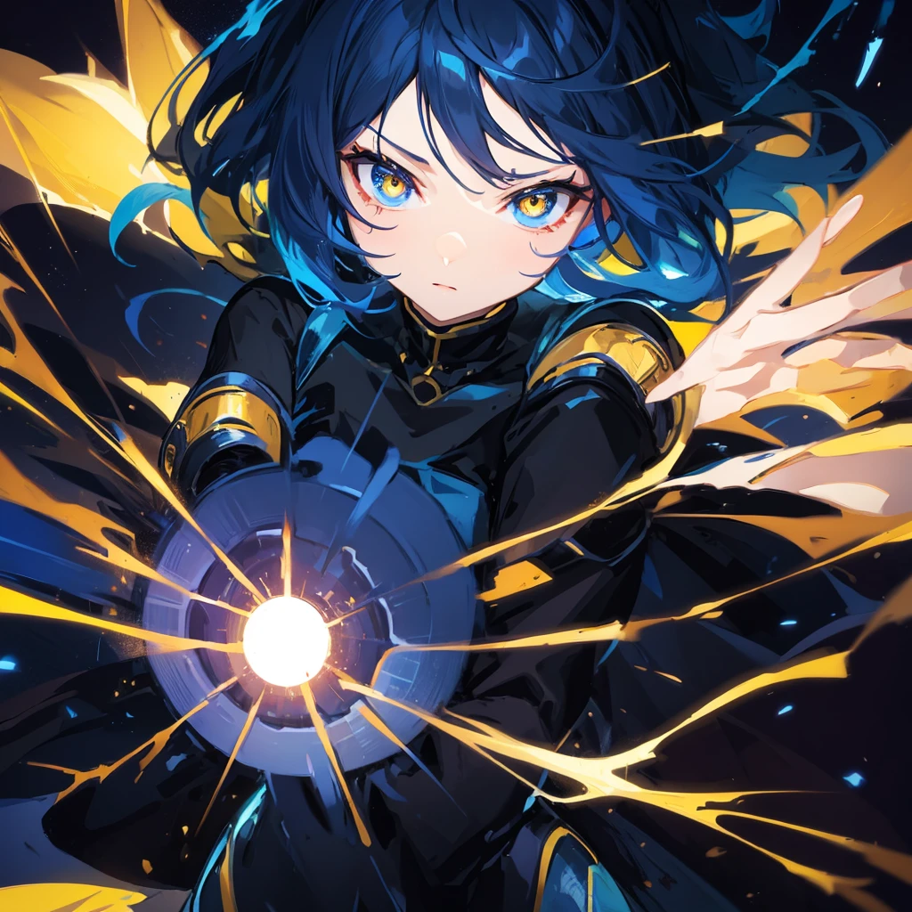 Dark blue hair, yellow eyes, pretty girl, aura, bool fire blue hair