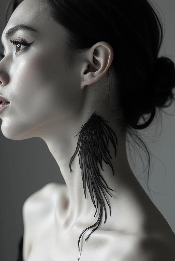A neck tattoo in gothic blackwork on the right side, of a sick wing that's losing his feathers and showing skin, with feathers that's falling from the wing, and the wing is following the form of the neck and going to the ear