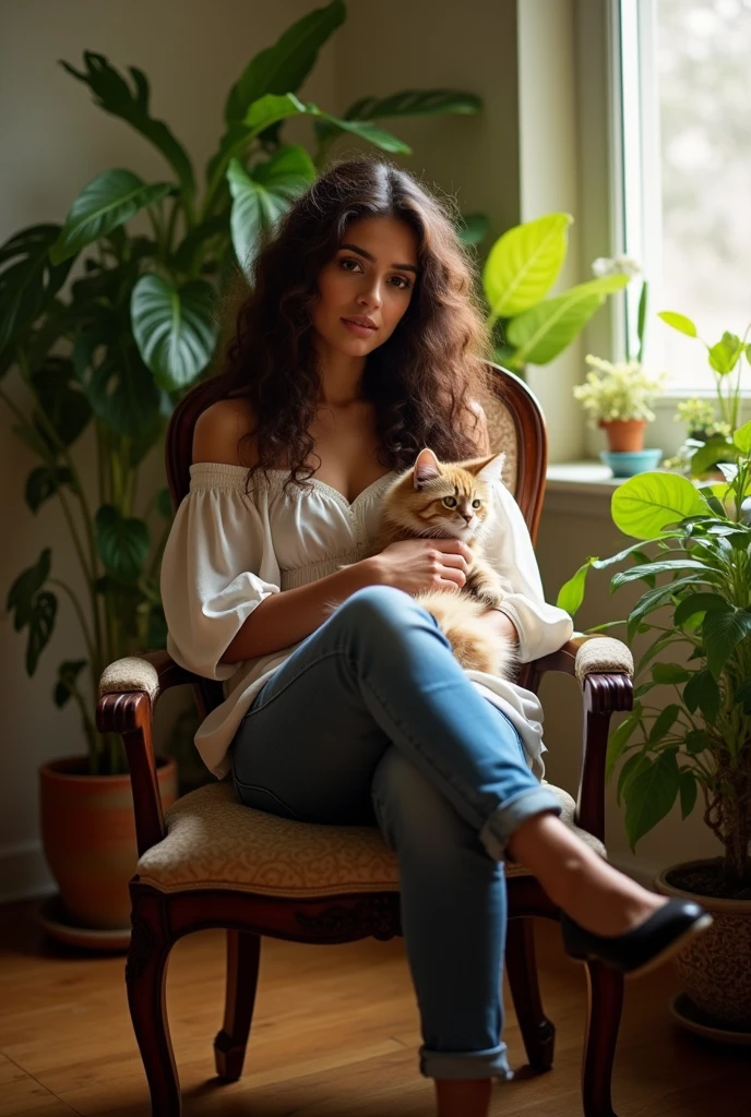 (realistic image : 1.2), a beautiful Arab woman, Sit on a chair, wearing a loose, off-the-shoulder blouse, jeans and leather shoes, holding a fluffy cat in her arms, Long curly hair, inside, dim lighting , plants in the background, window with sunlight, comfortable room,