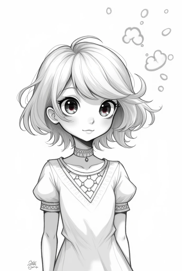 Black and white line drawing ****Close up (Close-up):** Mint lowered her head slightly.