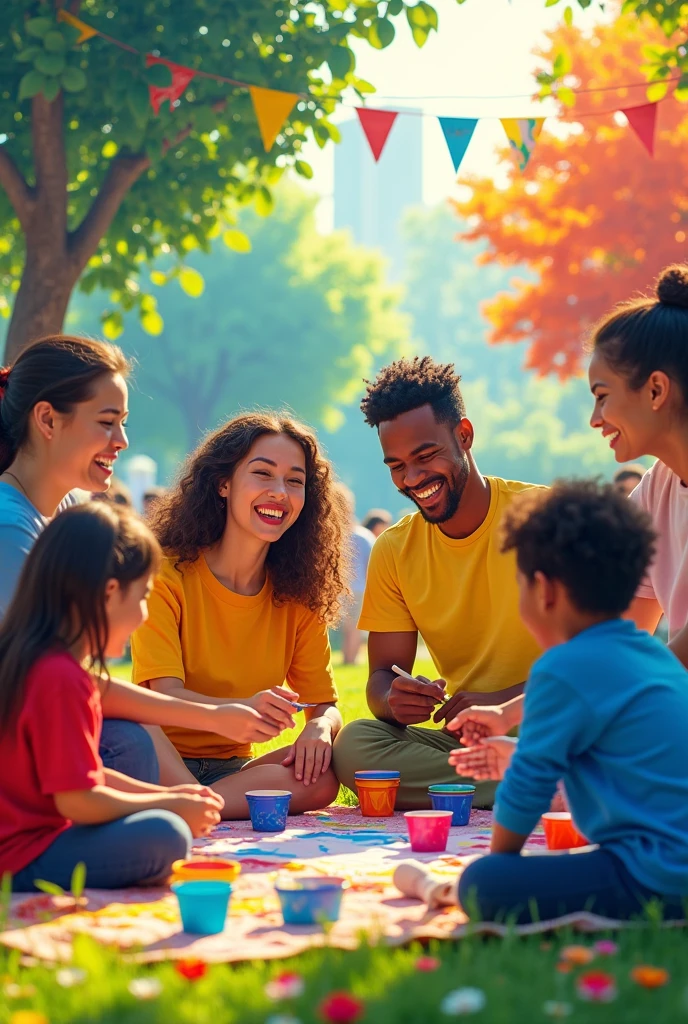 Create a very colorful image with autism colors about social inclusion focusing on autism with many people