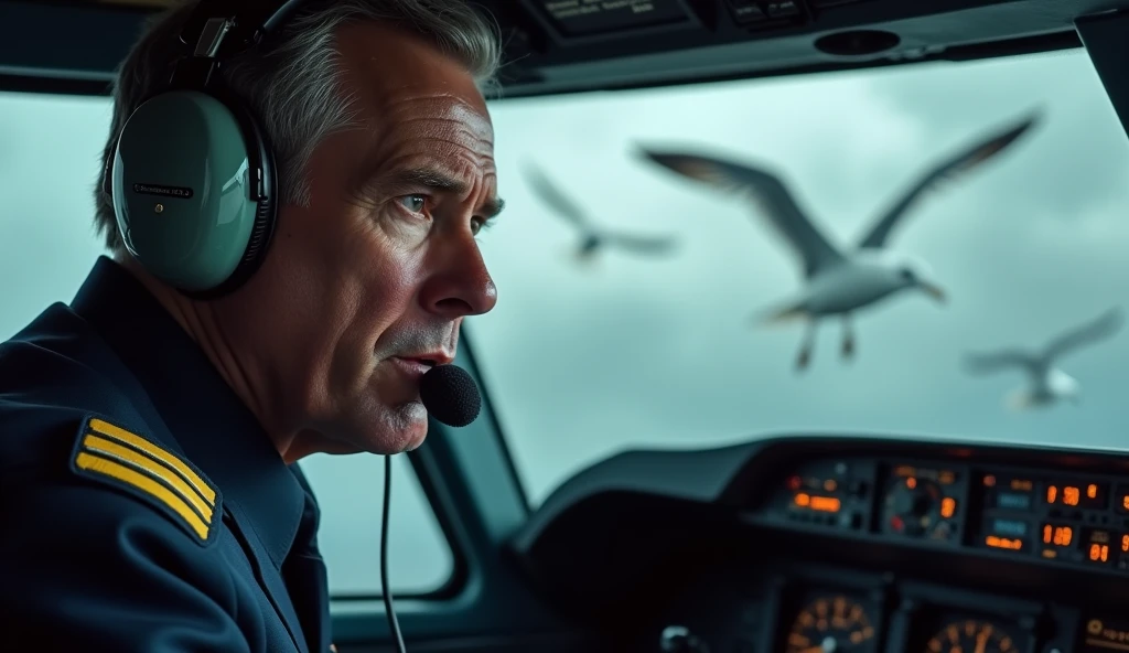 Create an image of 50 year old captain wearing his airline pilot unifrom , wearing his aviation headset and in a bit tensend situation and making a mayday call and also depict the captain's face with a mix of fear and determination as he makes the distress call and create some birds infront of the cockpit window