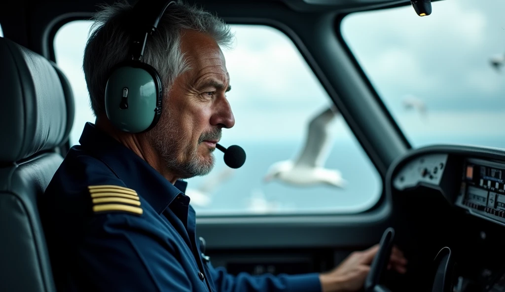 Create an image of 50 year old captain wearing his airline pilot unifrom , wearing his aviation headset and in a bit tensend situation and making a mayday call and also depict the captain's face with a mix of fear and determination as he makes the distress call and create some birds infront of the cockpit window 