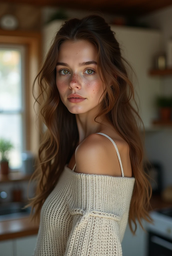 ultra realistic, photography,19 years old, , slender build with a youthful, innocent charm. Long, wavy brown hair that frames her delicate features. Wide, doe-like eyes and a button nose. Full, pouty lips. Smooth, unblemished skin with a light dusting of freckles.extremely detailed artgerm, in the style artgerm, small breasts, facing the camera, lens 35 mm, blur background, wearing only an big oversized off the shoulders sweater and panties, standing in the kitchen, full body picture, full body, topless
