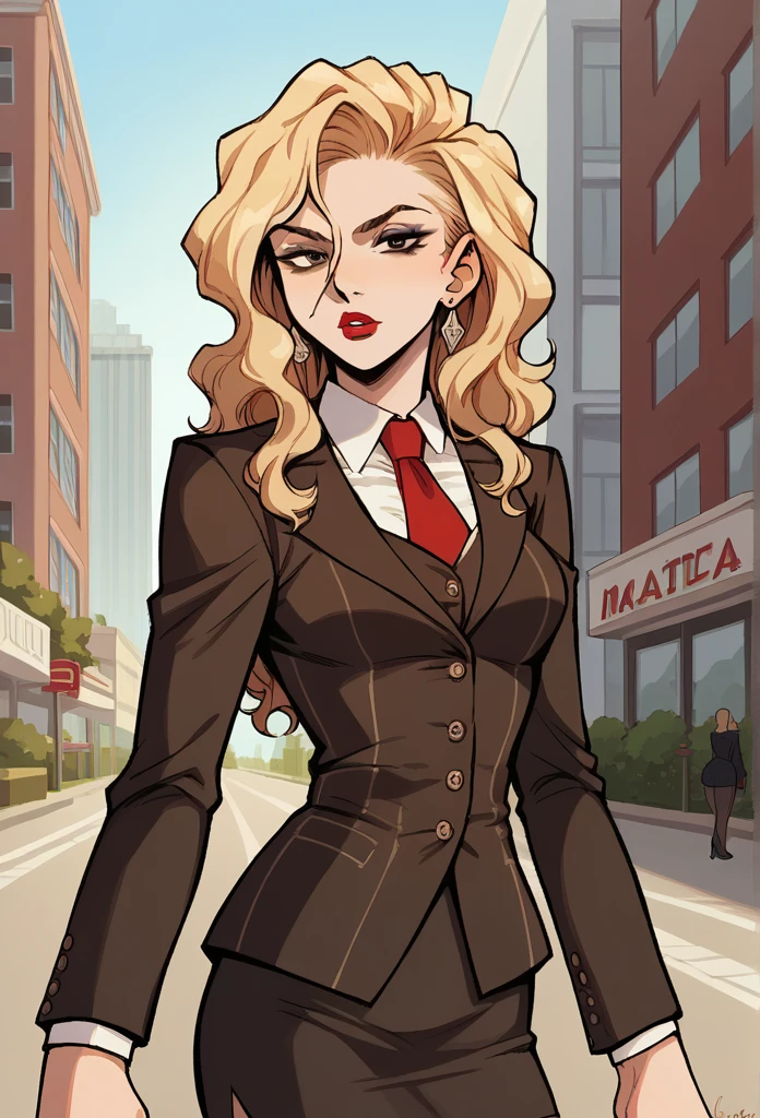 source_anime,  cowboy shot, close-up, 1girl, solo, standing, Madame P, blonde hair, long hair, wavy hair, brown eyes, lipstick, makeup,  skirt suit, three-piece suit, necktie, blazer, waistcoat, double-breasted waistcoat, bodycon pencil skirt, stockings, high heels,earring, red nails, nail polish,
city background, streets, buildings, sky. outdoors, daytime,
 looking at viewer, ecchi, nsfw, uncesored