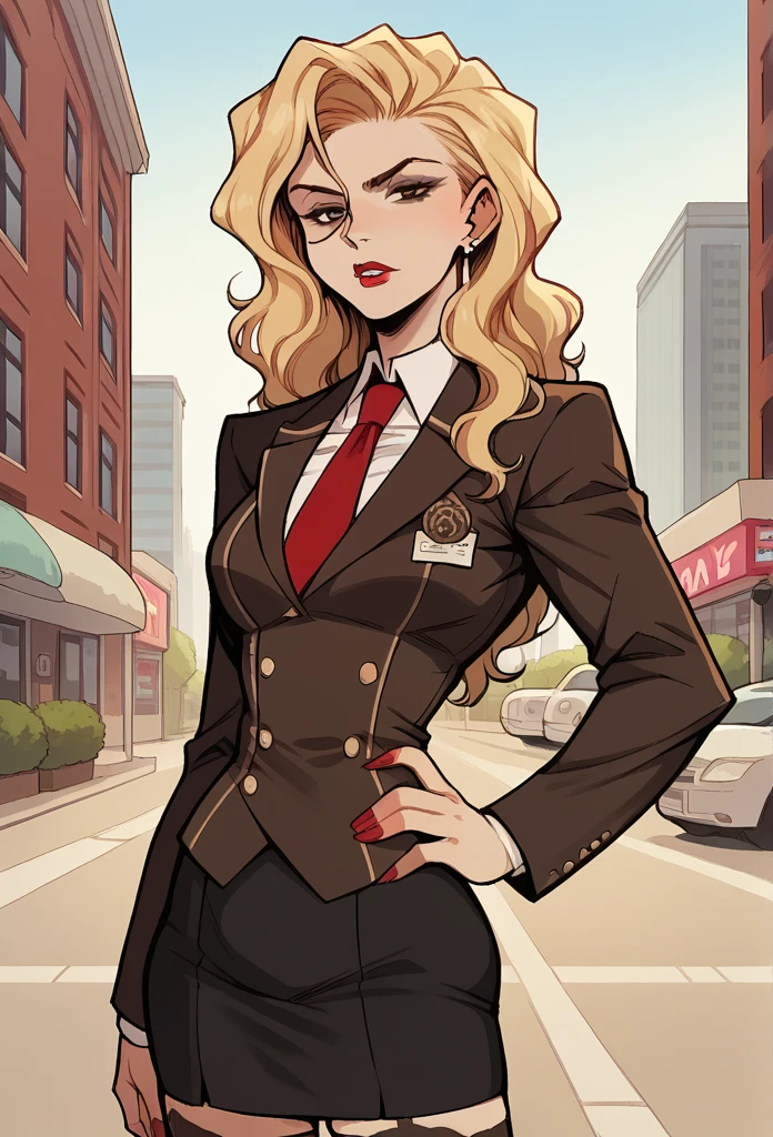 source_anime,  cowboy shot, close-up, 1girl, solo, standing, Madame P, blonde hair, long hair, wavy hair, brown eyes, lipstick, makeup,  skirt suit, three-piece suit, necktie, blazer, waistcoat, double-breasted waistcoat, bodycon pencil skirt, stockings, high heels,earring, red nails, nail polish,
city background, streets, buildings, sky. outdoors, daytime,
 looking at viewer, ecchi, nsfw, uncesored