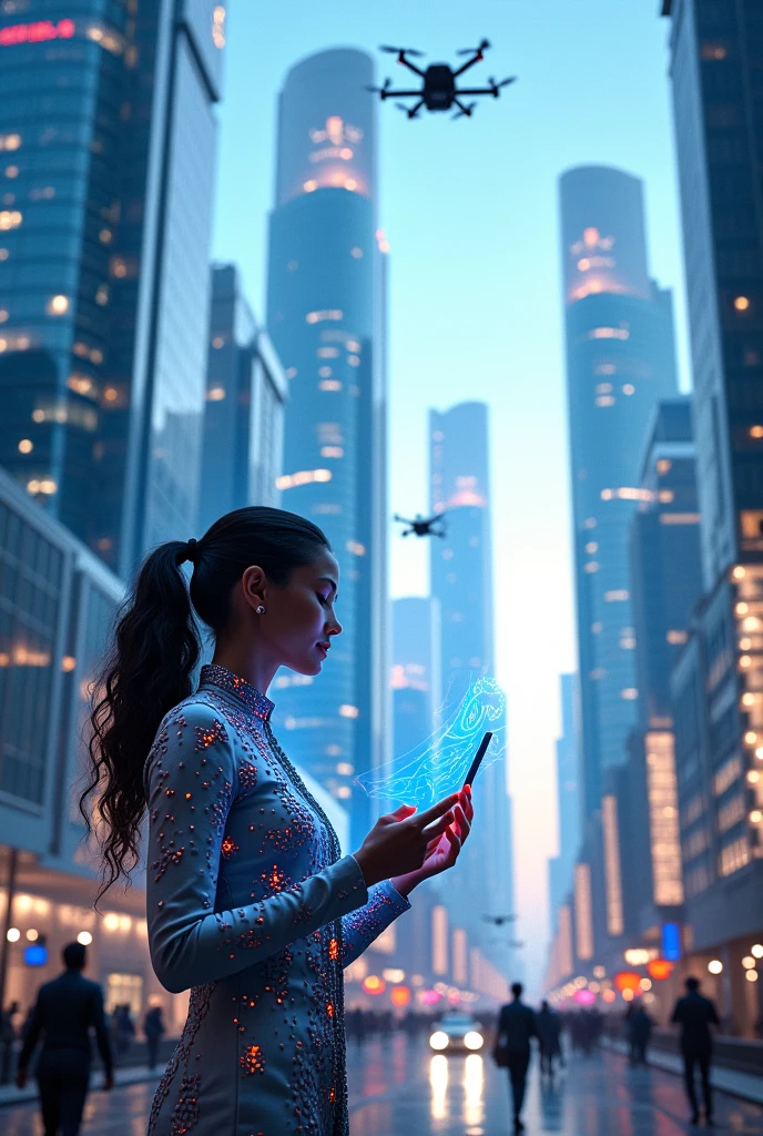 Create a highly detailed image of a futuristic tech hub, with sleek, modern architecture featuring tall glass buildings, advanced digital displays, and bustling activity. In the foreground, place a sophisticated AI-generated female model who embodies intelligence and modernity. She is dressed in a stylish, tech-inspired outfit with subtle digital elements integrated into her clothing, such as glowing lines or patterns. The model should be interacting with holographic interfaces or using a futuristic device, symbolizing her role as a key figure in this advanced technological environment. The background should include elements like autonomous vehicles, drones, and tech professionals collaborating, all under a bright, clear sky. INDIAN women