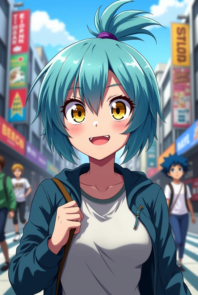 Screenshot of my hero academia.
Girl with light blue hair tied in a high ponytail, her hair is short, It has a fringe. His eyes are yellow. White skin, a scar over his right eye and a big smile.