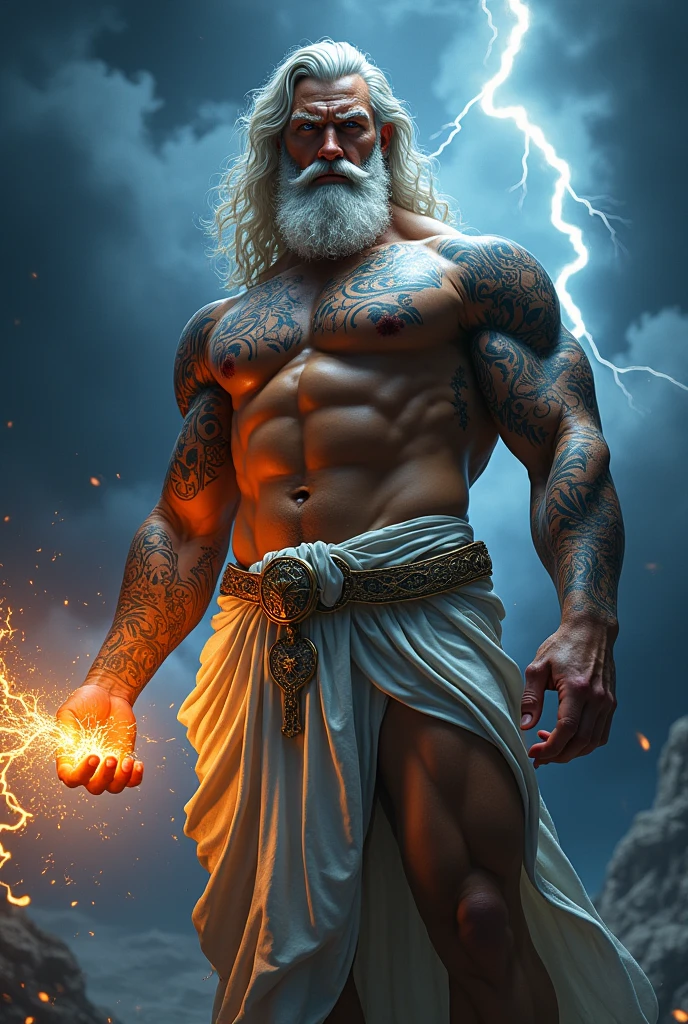 Zeus tattoo with lightning bolt in hand