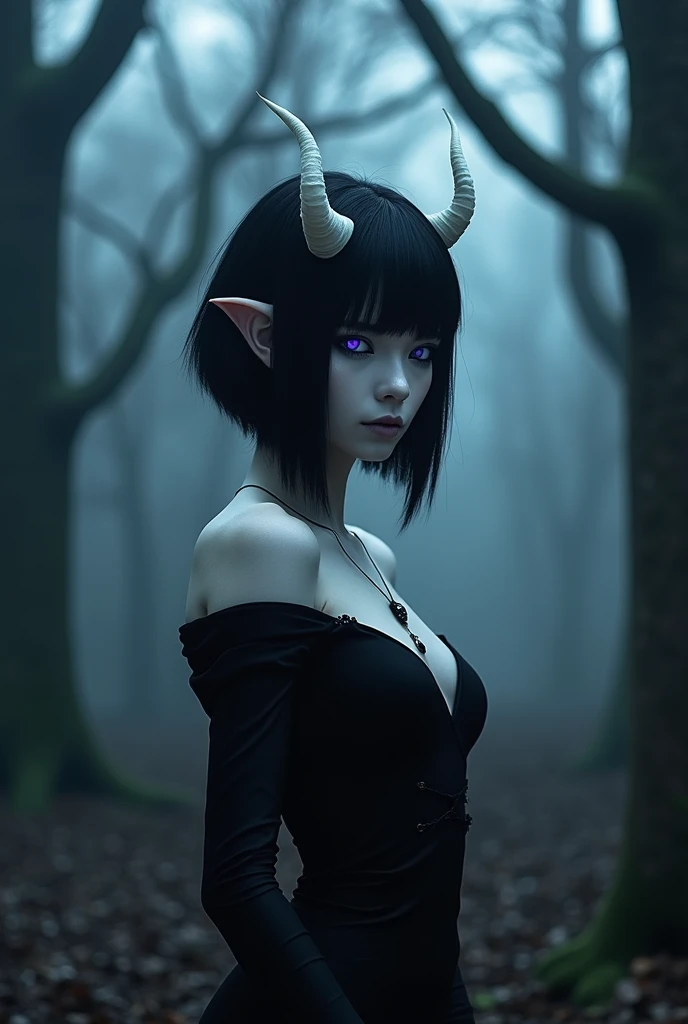 Demon woman, skin as white as paper, glowing purple eyes, black hair in an inverted bob, small white horns, big breasts, pointy ears, wearing a little black dress, black eyeliner. In a haunted forest.
