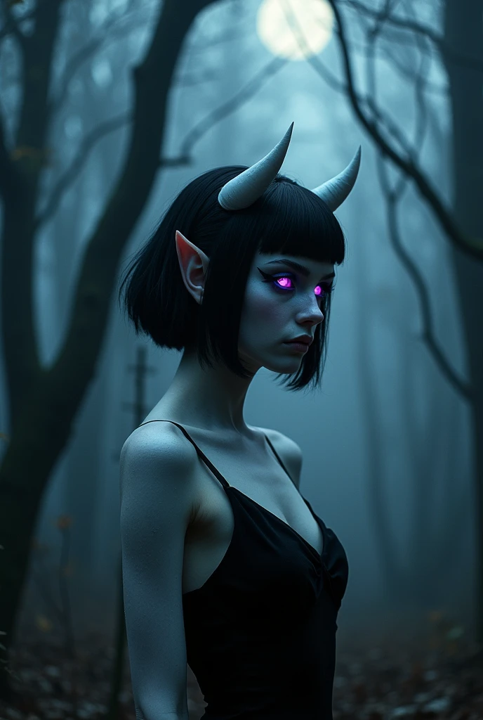 Demon woman, skin as white as paper, glowing purple eyes, black hair in an inverted bob, white horns, big breasts, pointy ears, wearing a little black dress, black eyeliner. In a haunted forest.