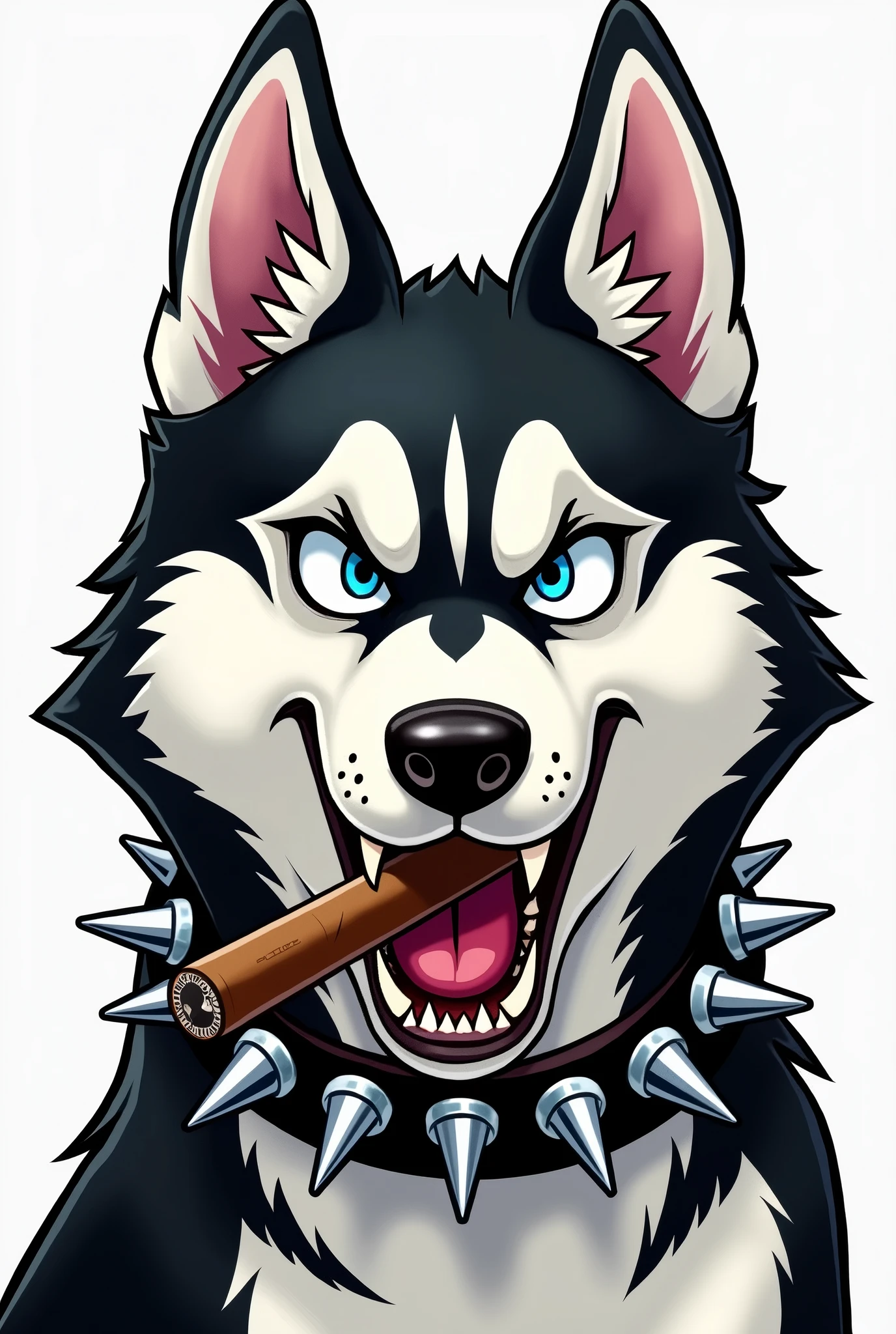 me high resolution, siberian husky, dog face, with teeth on a collar, ears up, teeth visible, cigar in mouth, angry, black and white,cartoon,