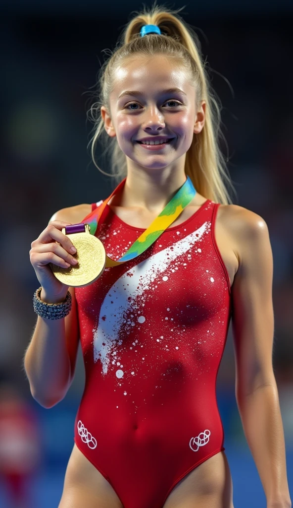 a gorgeous-faced petit blonde Olympic gold medalist, yo female gymnast, holding up her gold medal at award ceremony, leotard, (((vagina print))), special attention to pussy, cute, hyper realistic, 8k, cinematic lighting, award winning photography, highly detailed, masterpiece, special attention to face, most detailed image, beautiful, extremely cute, doesn't know (((she has a camel-toe))), pretty raised mons pubis, full body photo, close up, associated press shot, award winning, shot from below