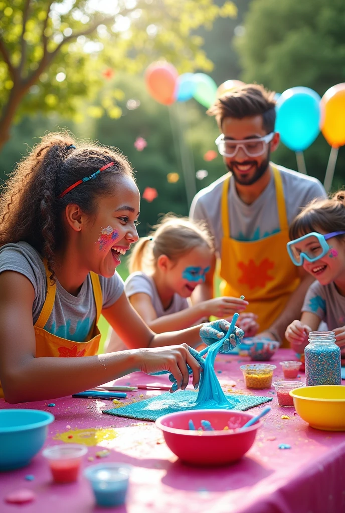 I want a coloring puzzle that represents a slime experiment being done by parents and their children on a fun day.