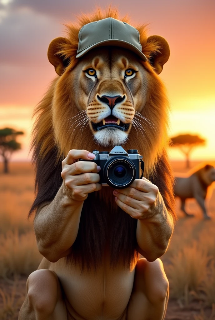 Generate an image of a lion wearing a cap and holding a camera 