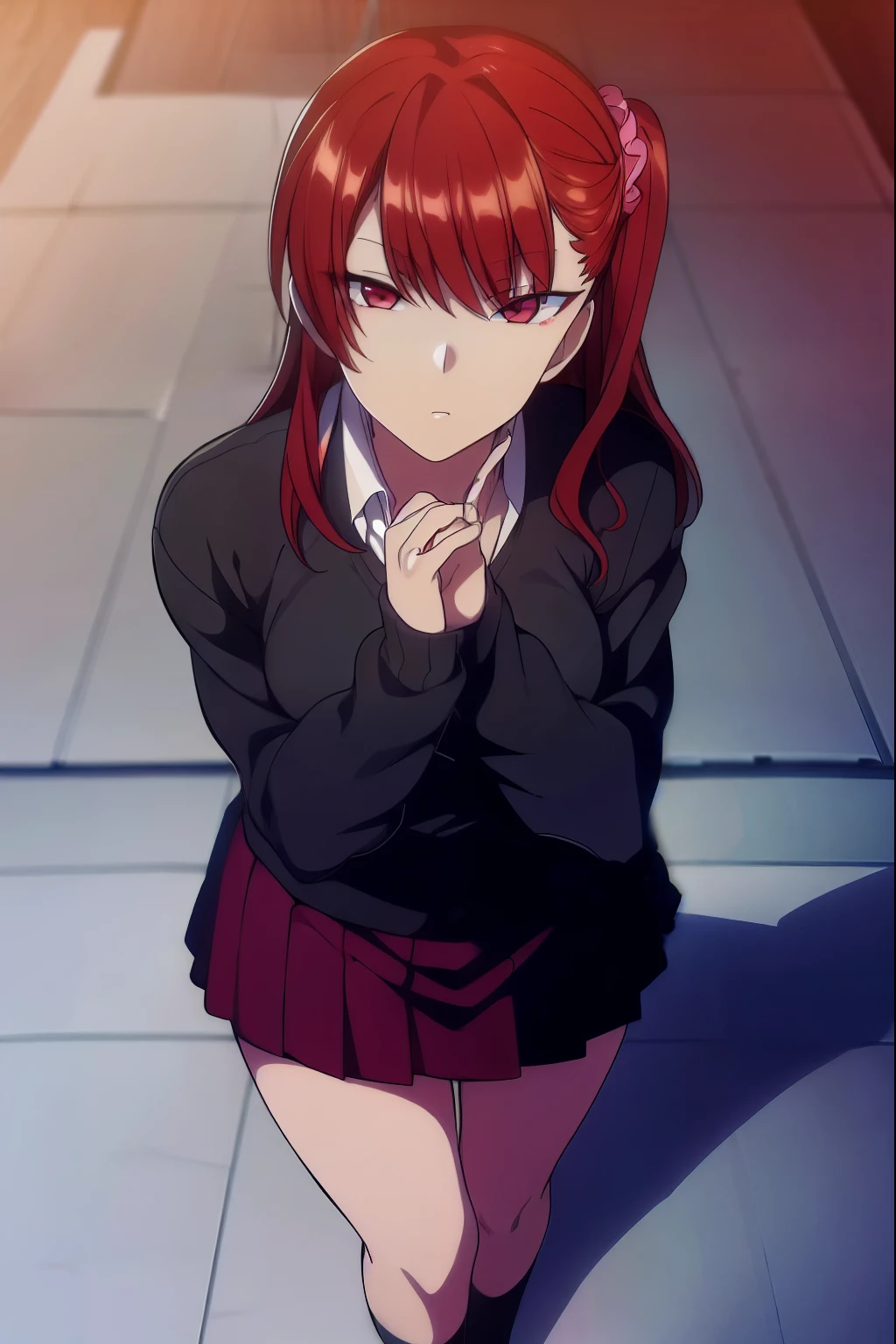 izuminogami, izumi nogami, red hair, one side up, medium hair, scrunchie, (red eyes:1.5), wearing glasses, BREAK skirt, pleated skirt, shoes, socks, black sweater, BREAK looking at viewer, BREAK outdoors, park, BREAK (masterpiece:1.2), best quality, high resolution, unity 8k wallpaper, (illustration:0.8), (beautiful detailed eyes:1.6), extremely detailed face, perfect lighting, extremely detailed CG, (perfect hands, perfect anatomy),