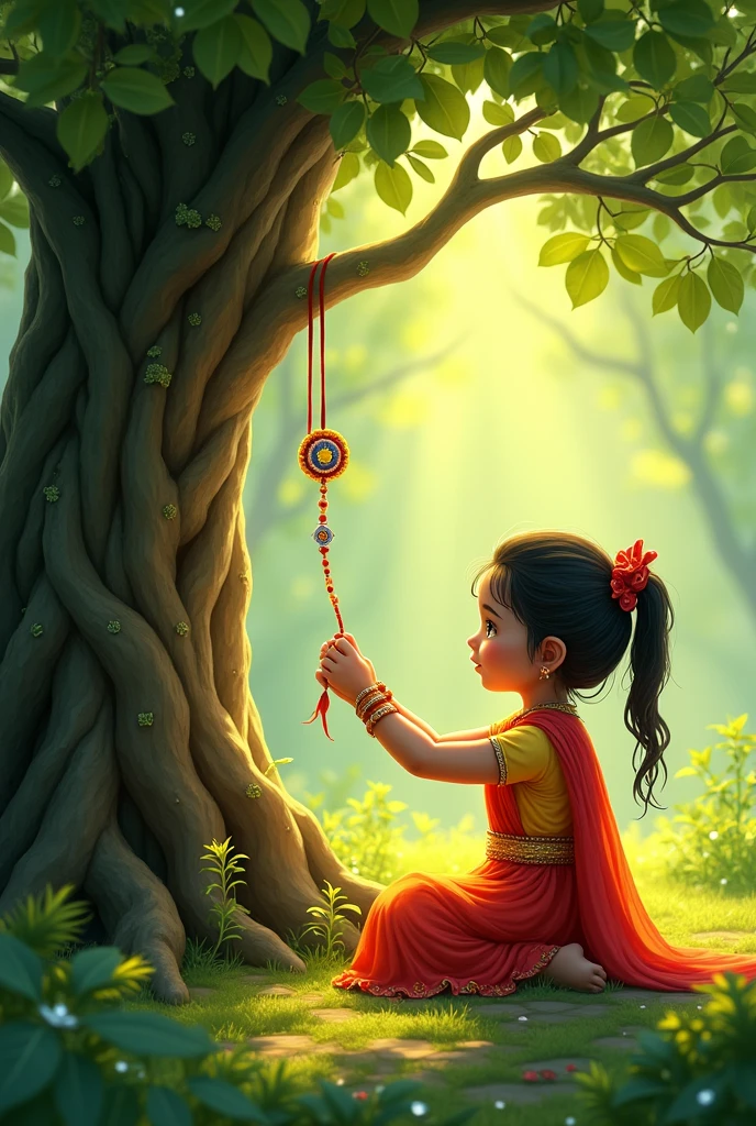 Tieing rakhi to tree god